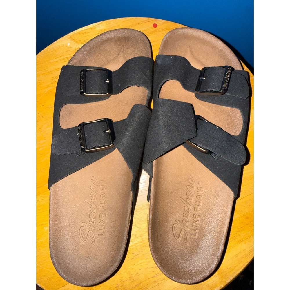 Skechers Luxe Foam Black Double Buckle Slide Sandals Mens Womens Unisex Comfort